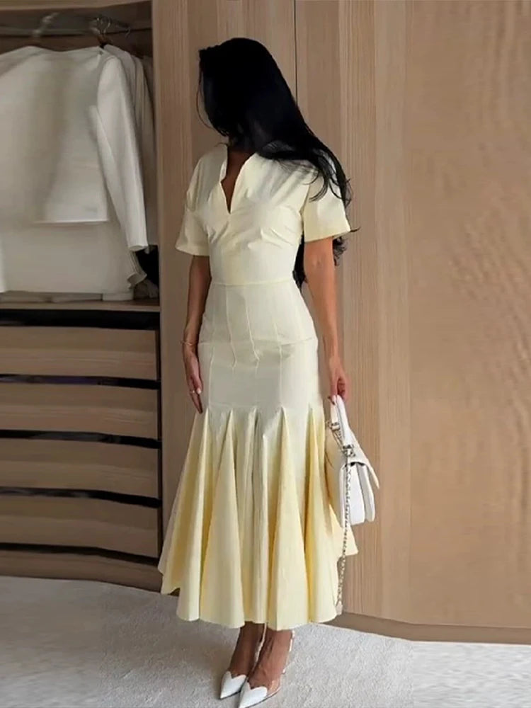 Elegant Solid Women's Dress V-Neck Short Sleeve Pleated Waist-Closed Hip Package Maxi Dresses 2026 Summer Female Vacation Robe