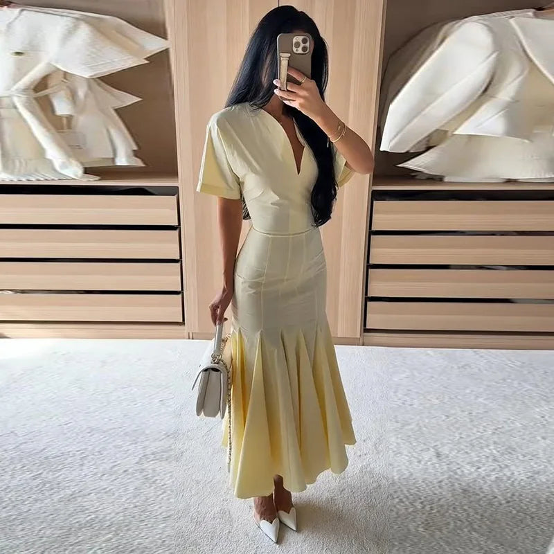Elegant Solid Women's Dress V-Neck Short Sleeve Pleated Waist-Closed Hip Package Maxi Dresses 2026 Summer Female Vacation Robe