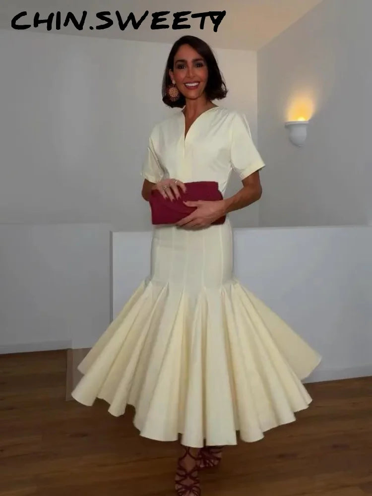 Elegant Solid Women's Dress V-Neck Short Sleeve Pleated Waist-Closed Hip Package Maxi Dresses 2026 Summer Female Vacation Robe