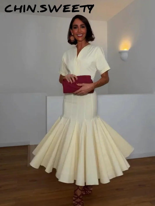 Elegant Solid Women's Dress V-Neck Short Sleeve Pleated Waist-Closed Hip Package Maxi Dresses 2026 Summer Female Vacation Robe